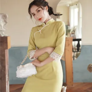Signature Cotton Modern Cheongsam Knee Length Chinese Dress with Lace Edge
