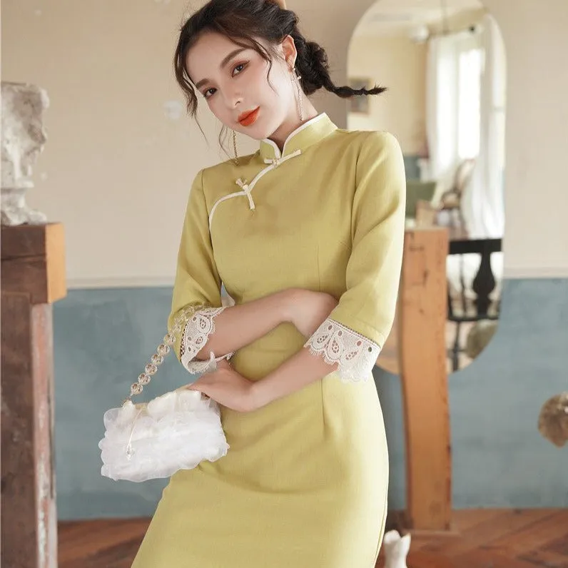 Signature Cotton Modern Cheongsam Knee Length Chinese Dress with Lace Edge