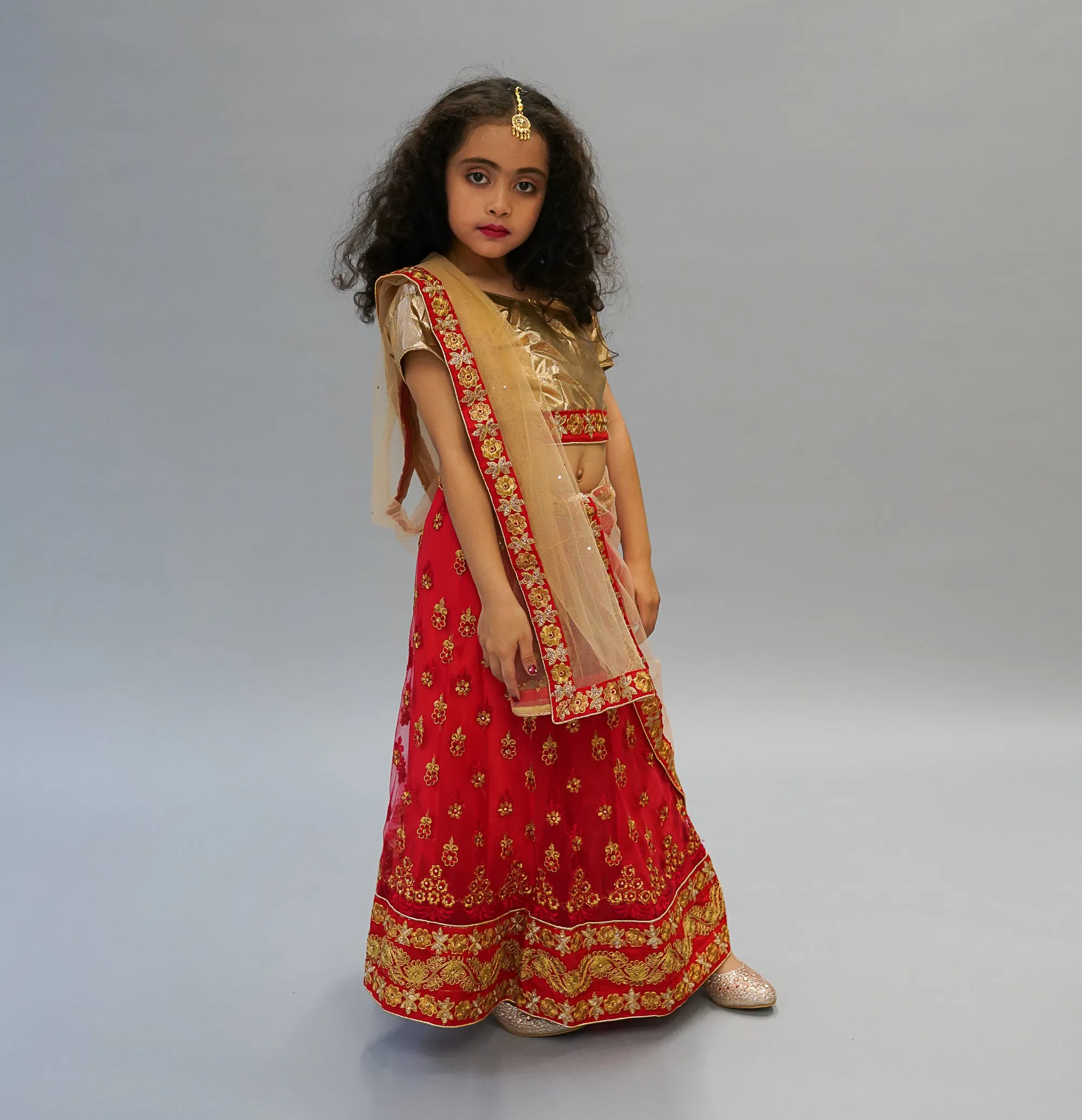 Silk and Net Embroidered Red And Gold Children Lehenga