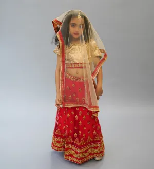 Silk and Net Embroidered Red And Gold Children Lehenga