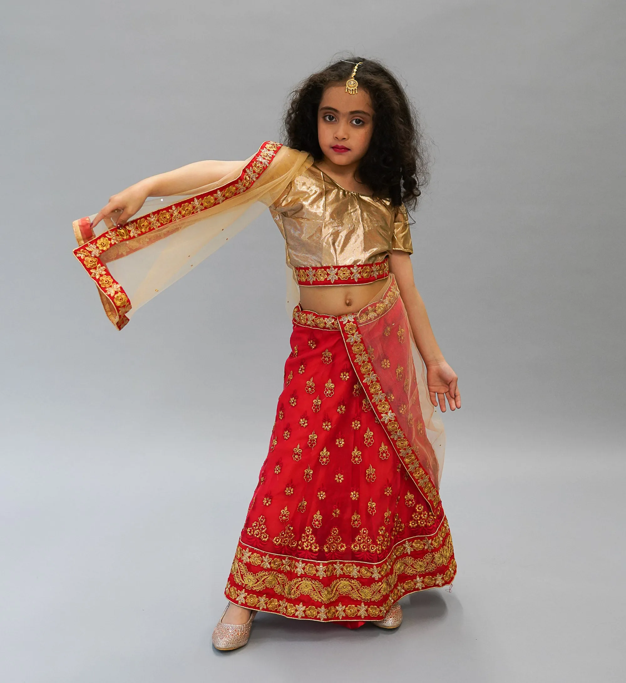 Silk and Net Embroidered Red And Gold Children Lehenga
