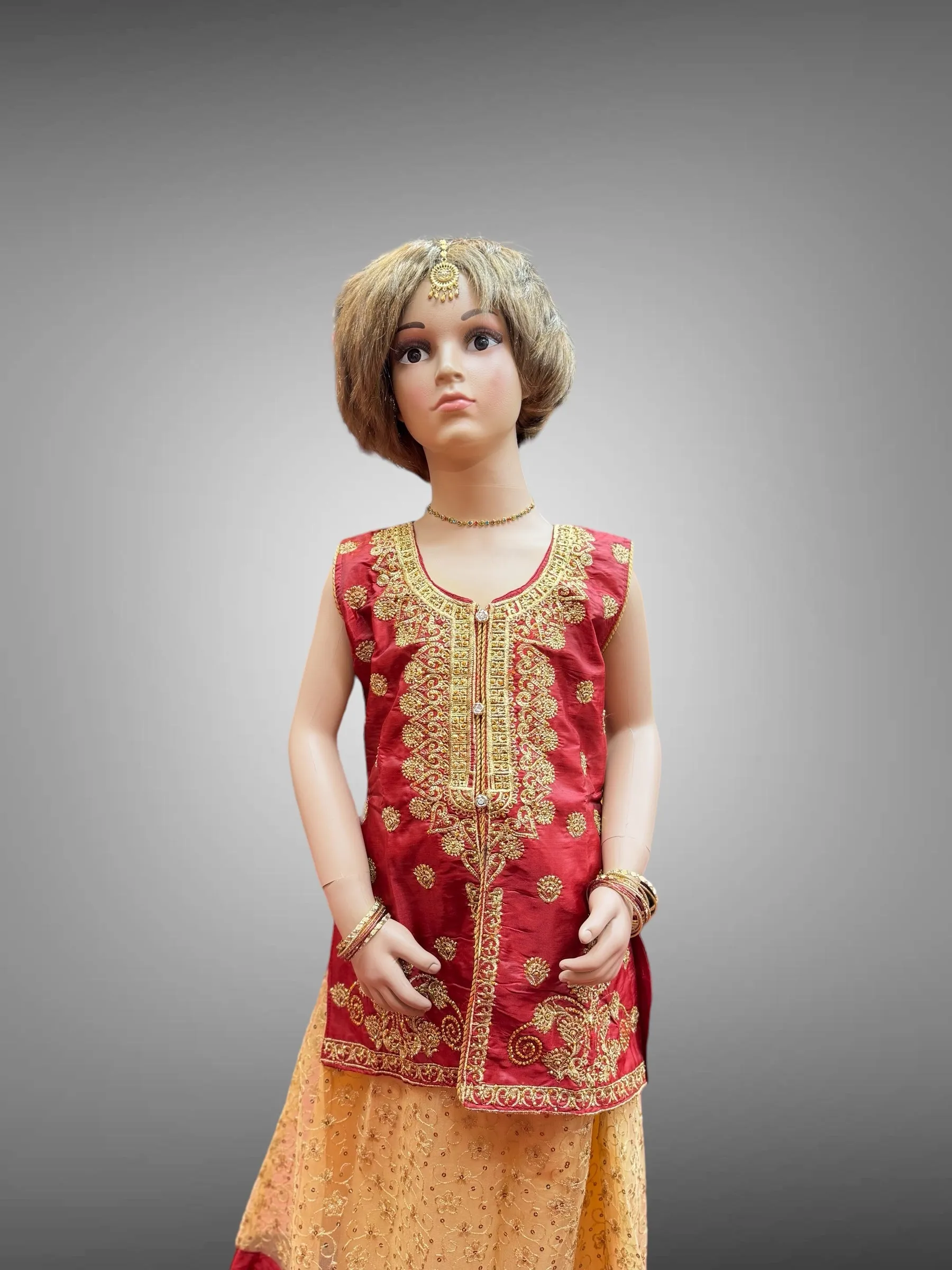 Silk Embroidered Iridescent Maroon Kids Lehenga Set