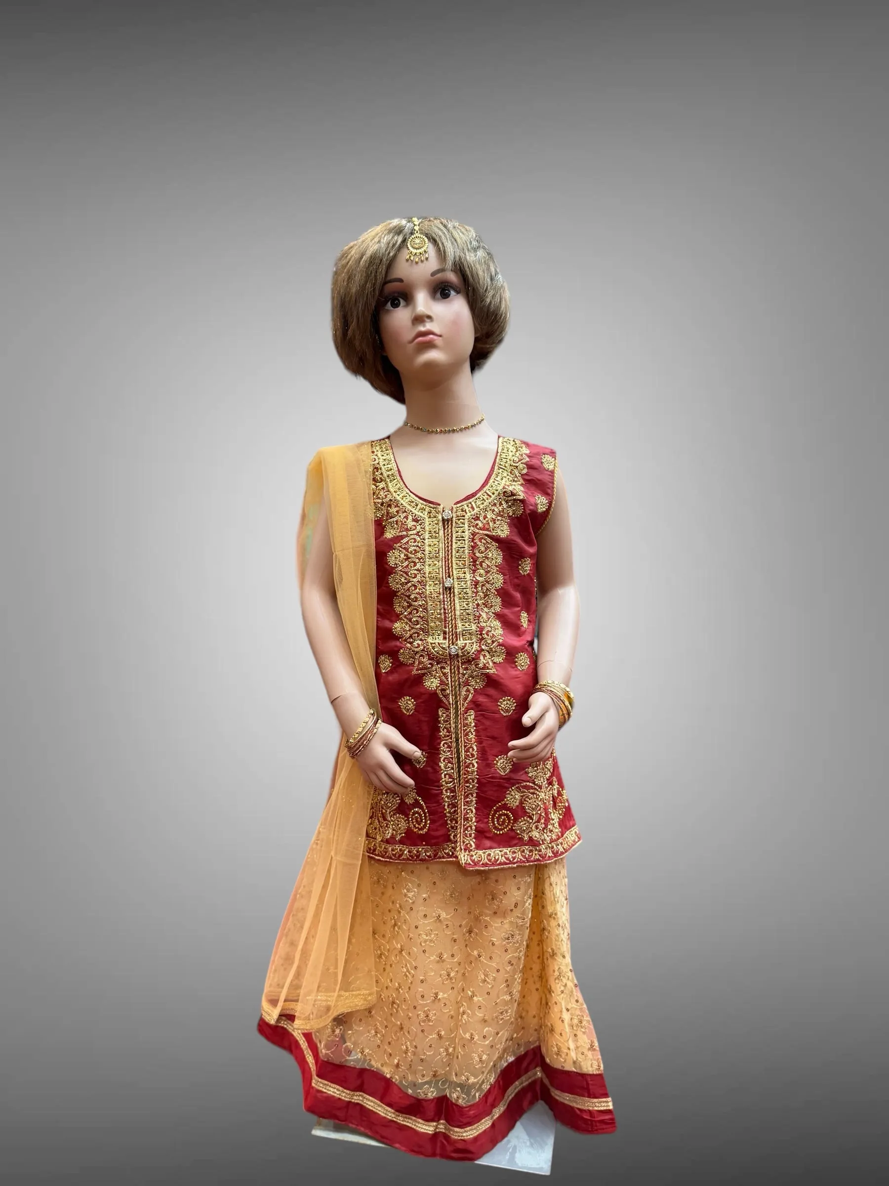 Silk Embroidered Iridescent Maroon Kids Lehenga Set