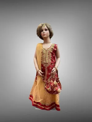 Silk Embroidered Iridescent Maroon Kids Lehenga Set