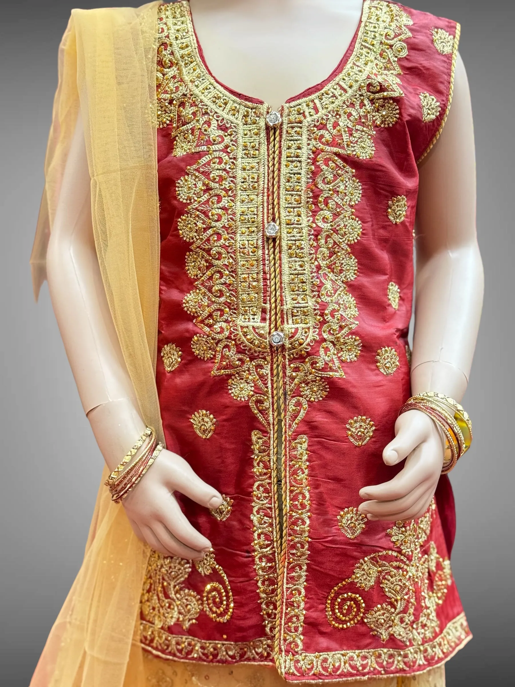 Silk Embroidered Iridescent Maroon Kids Lehenga Set