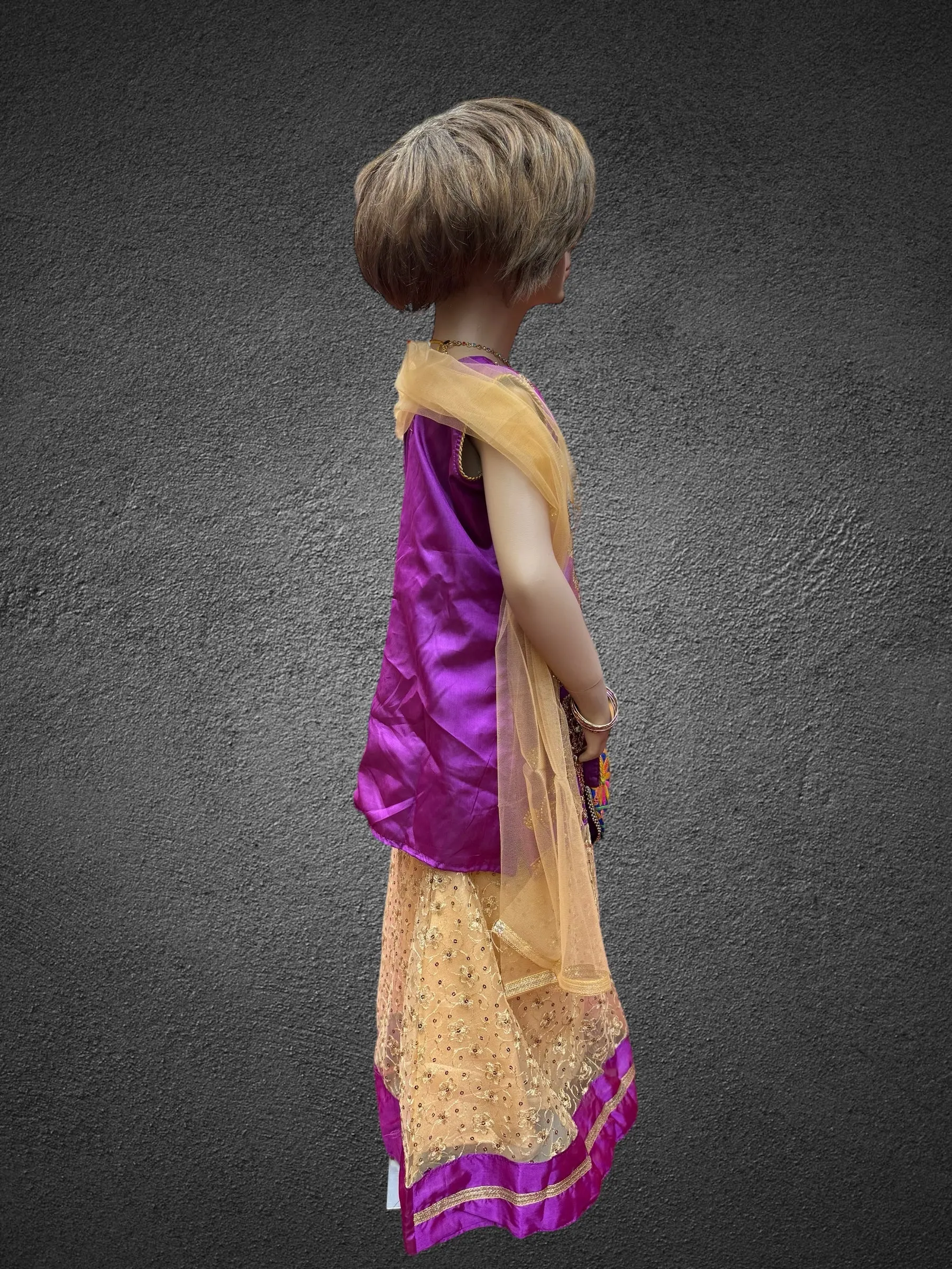Silk Embroidered Iridescent Purple Kids Lehenga Set