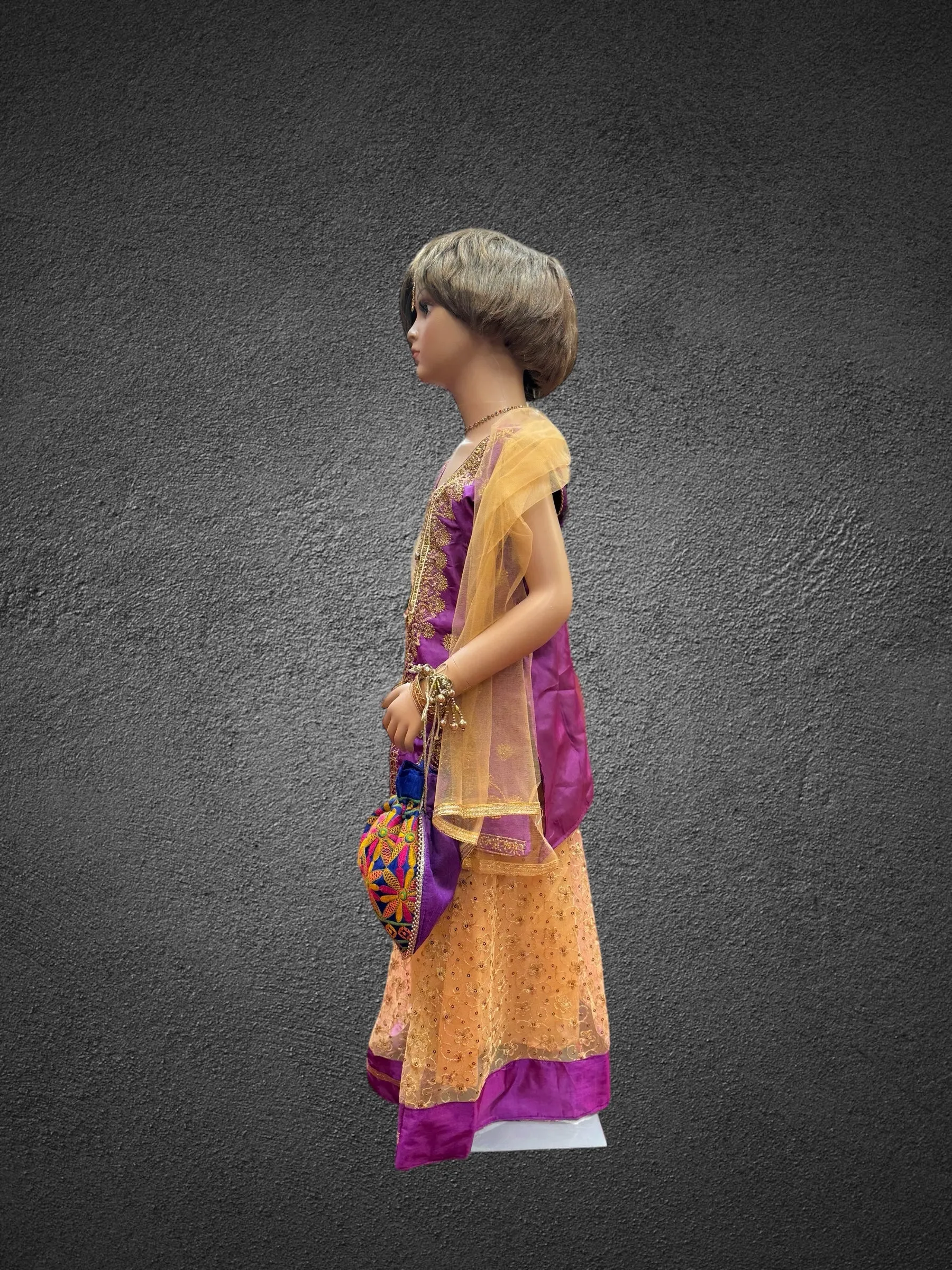 Silk Embroidered Iridescent Purple Kids Lehenga Set
