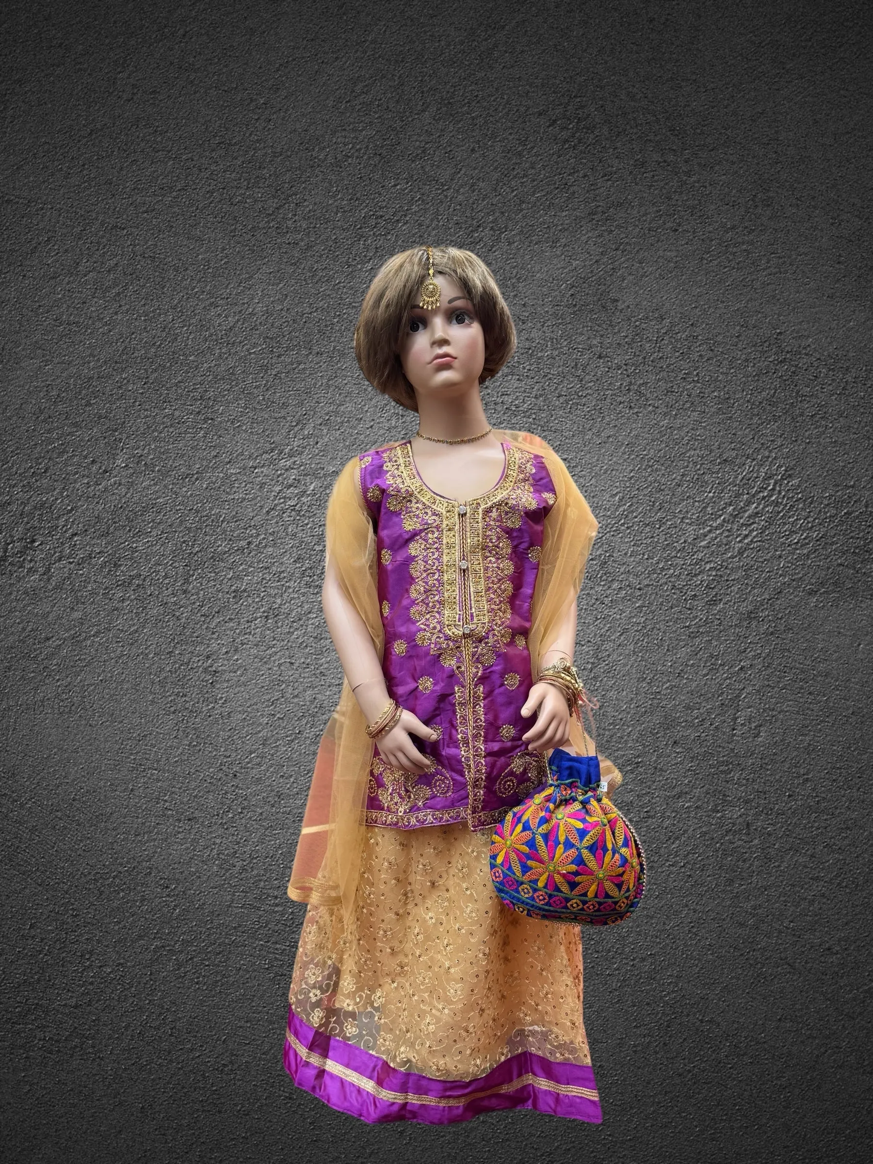 Silk Embroidered Iridescent Purple Kids Lehenga Set