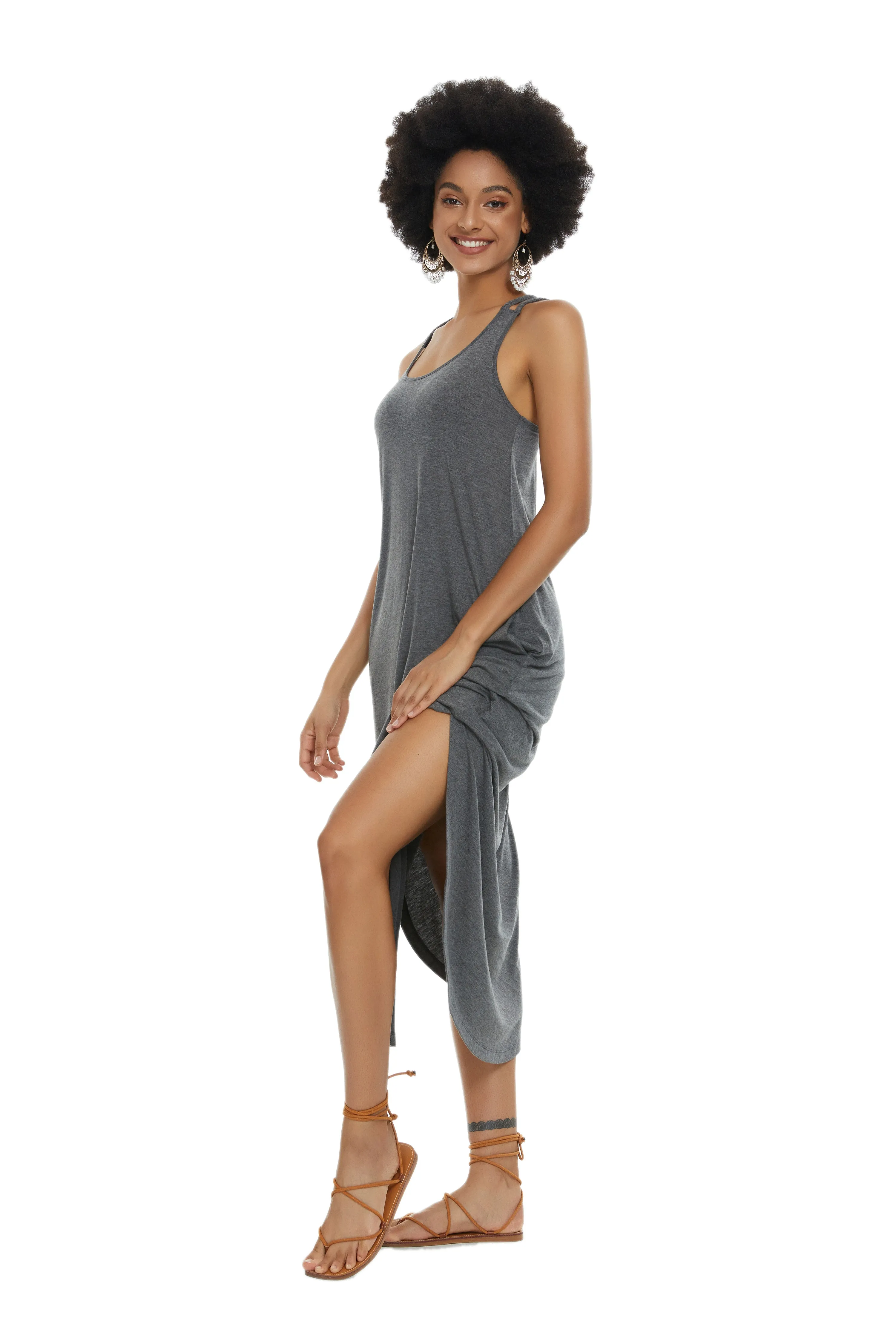 Womens Casual Sleeveless Long Sleep Dress Grey