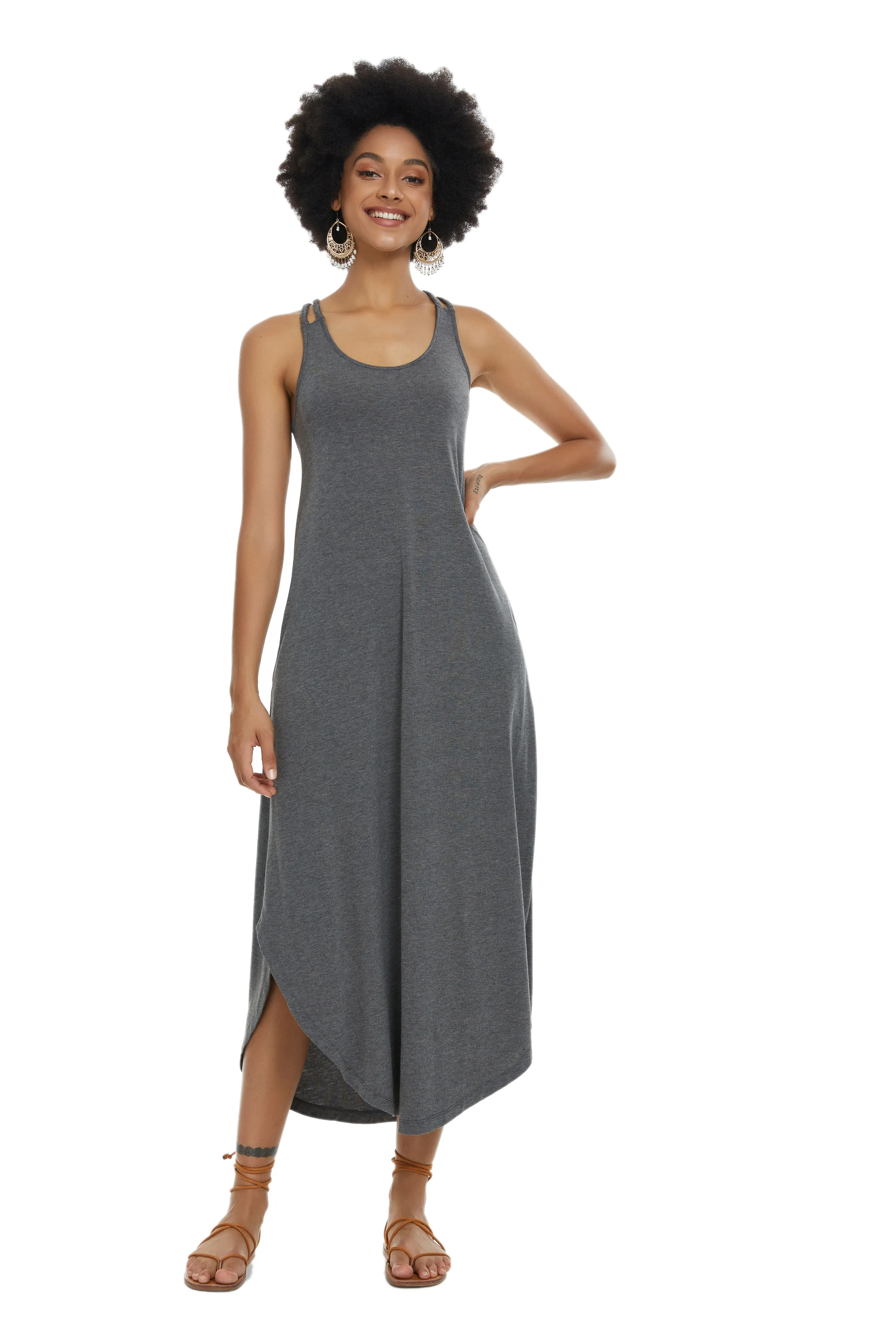 Womens Casual Sleeveless Long Sleep Dress Grey