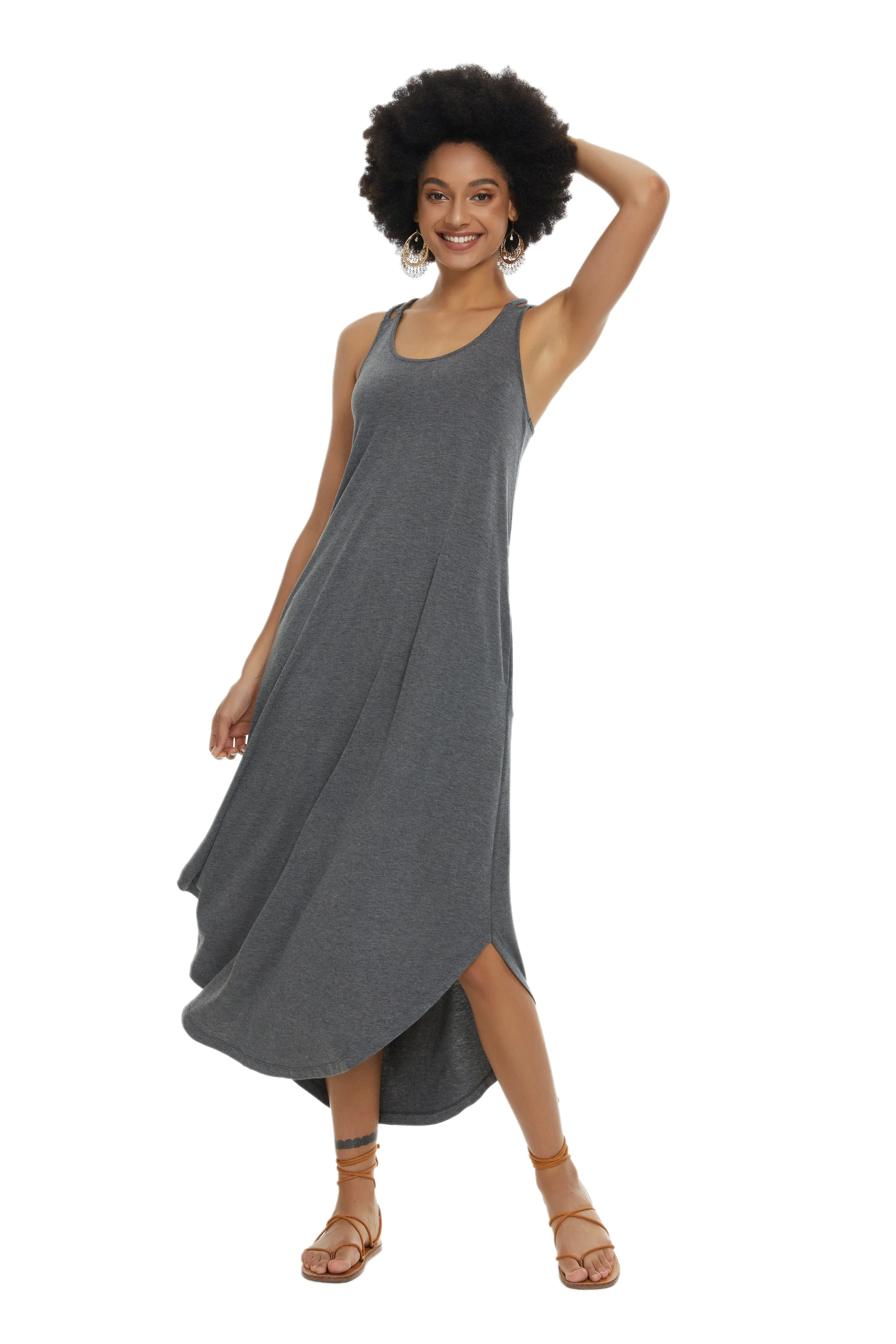 Womens Casual Sleeveless Long Sleep Dress Grey