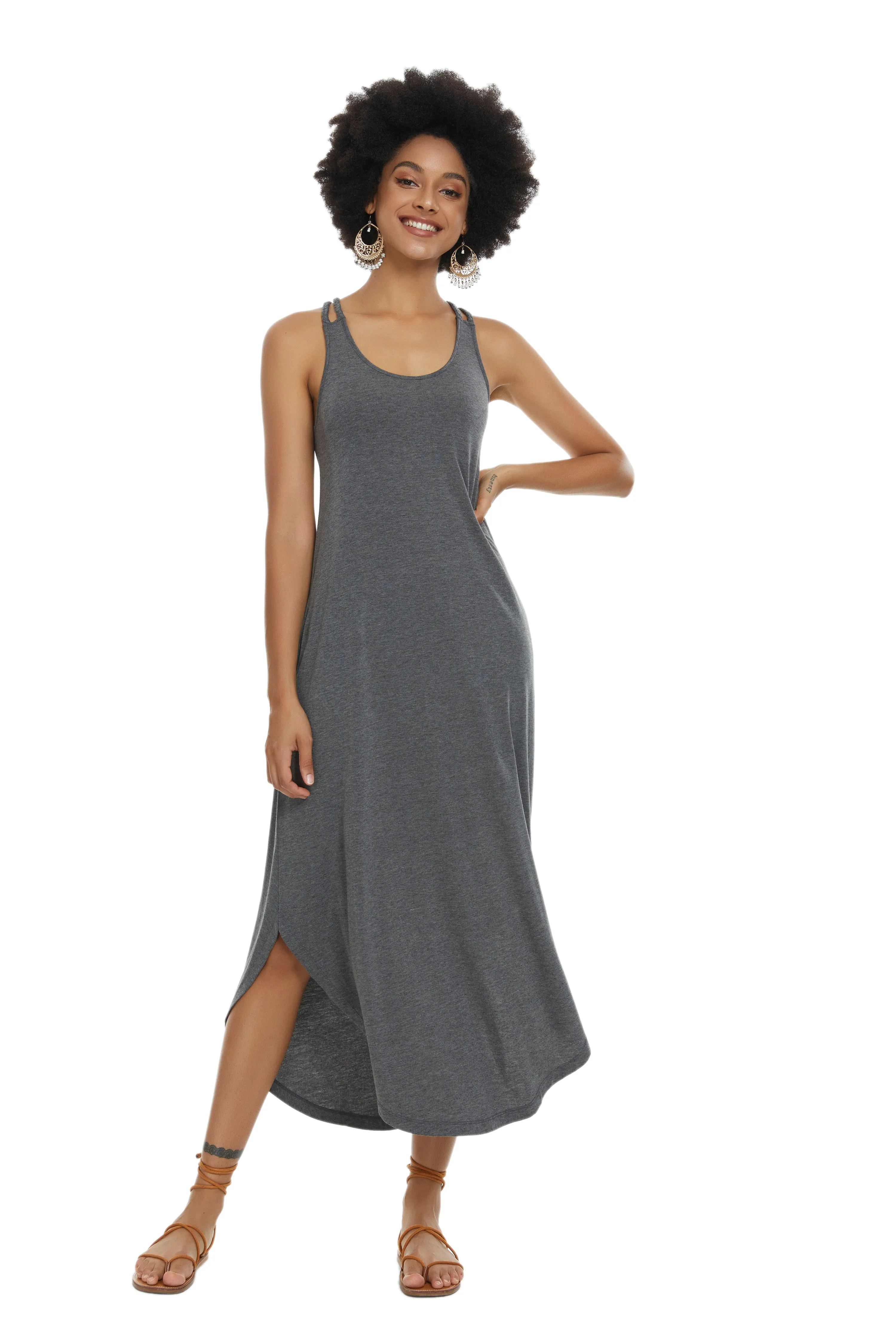 Womens Casual Sleeveless Long Sleep Dress Grey
