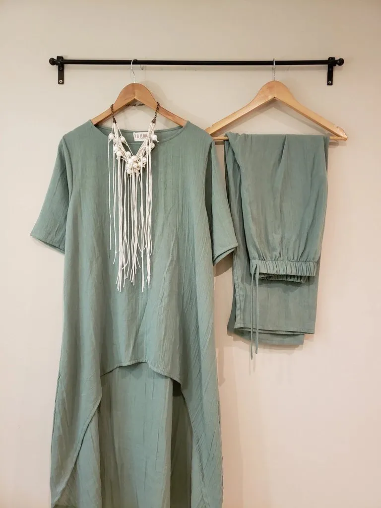 Women's Casual Solid Color Linen Top and Wide Leg Pants Set