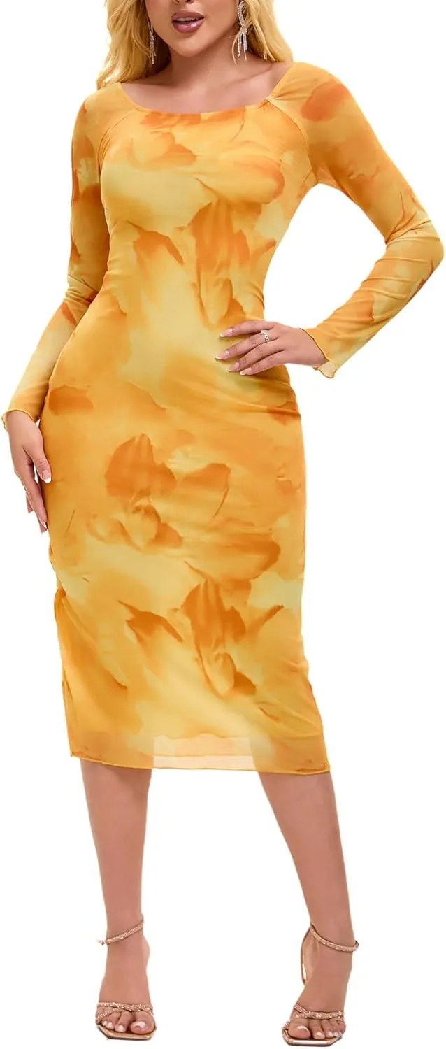 Women's Summer Long Sleeve Mesh Sexy Bodycon Fitted Party Night Out A-Line Midi Dress