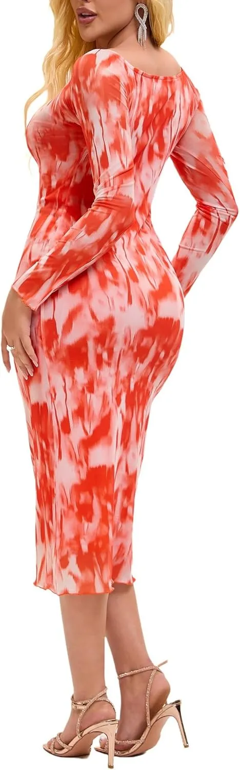 Women's Summer Long Sleeve Mesh Sexy Bodycon Fitted Party Night Out A-Line Midi Dress