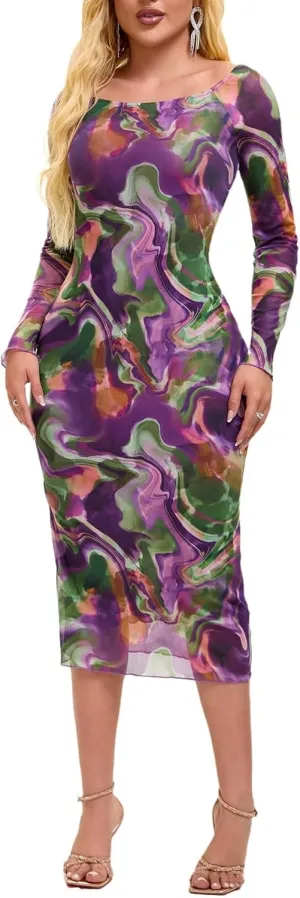 Women's Summer Long Sleeve Mesh Sexy Bodycon Fitted Party Night Out A-Line Midi Dress