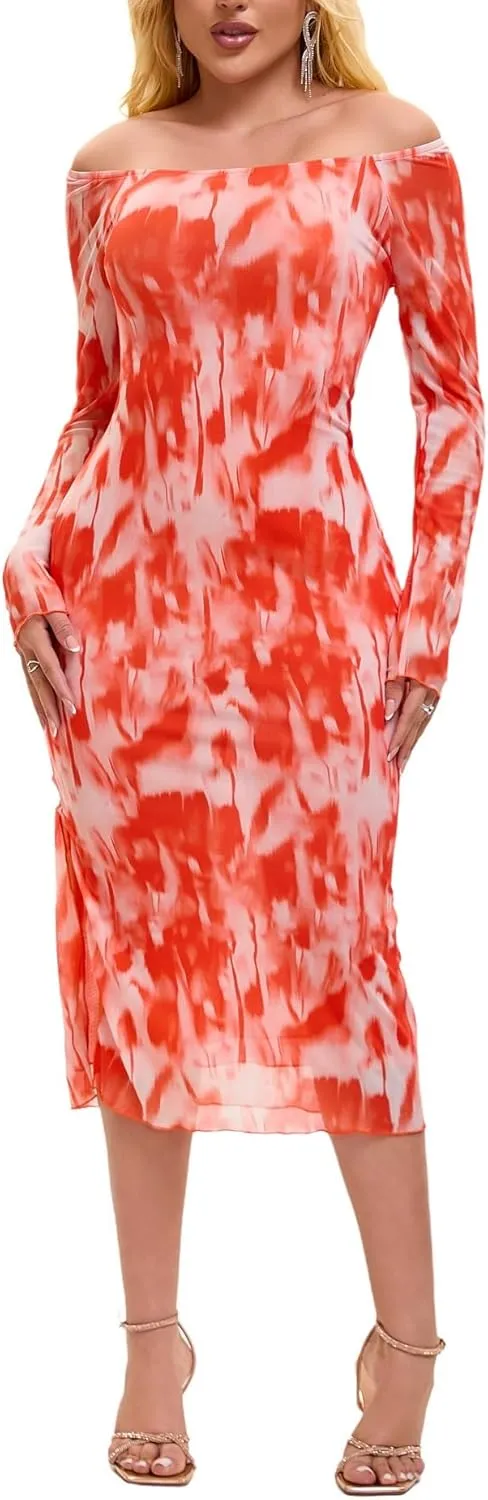 Women's Summer Long Sleeve Mesh Sexy Bodycon Fitted Party Night Out A-Line Midi Dress