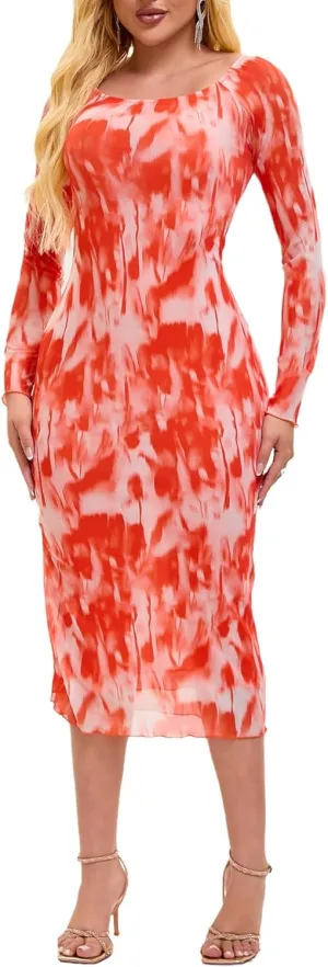 Women's Summer Long Sleeve Mesh Sexy Bodycon Fitted Party Night Out A-Line Midi Dress