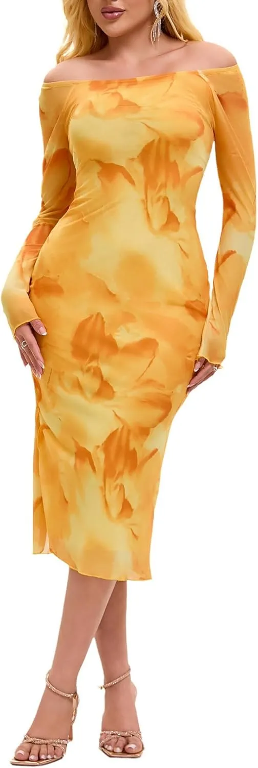 Women's Summer Long Sleeve Mesh Sexy Bodycon Fitted Party Night Out A-Line Midi Dress