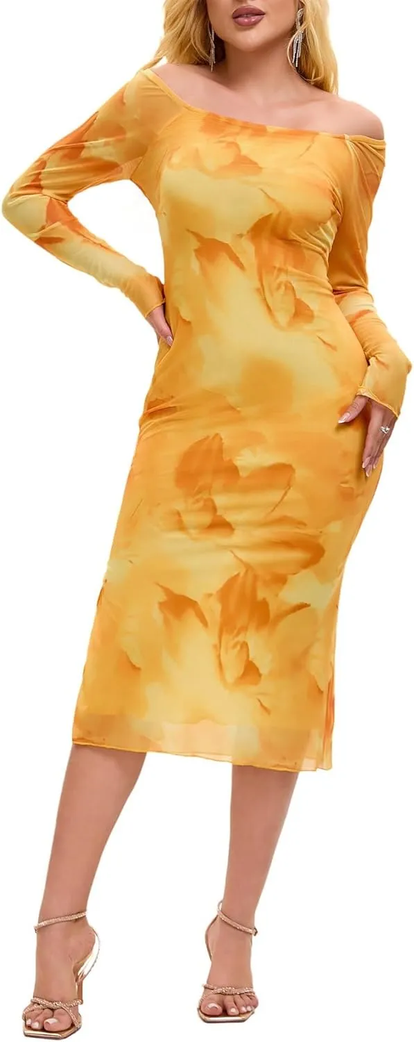 Women's Summer Long Sleeve Mesh Sexy Bodycon Fitted Party Night Out A-Line Midi Dress