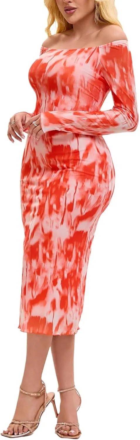 Women's Summer Long Sleeve Mesh Sexy Bodycon Fitted Party Night Out A-Line Midi Dress