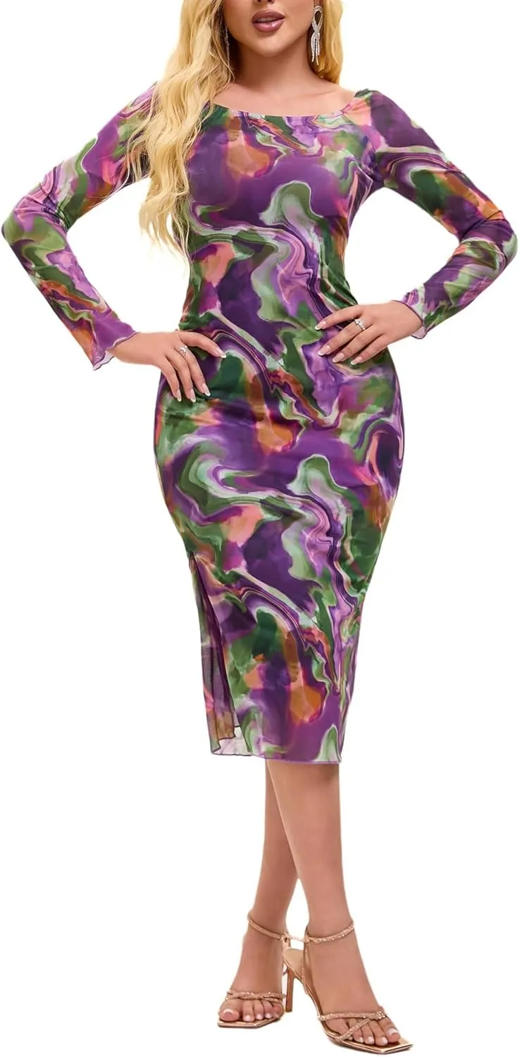 Women's Summer Long Sleeve Mesh Sexy Bodycon Fitted Party Night Out A-Line Midi Dress