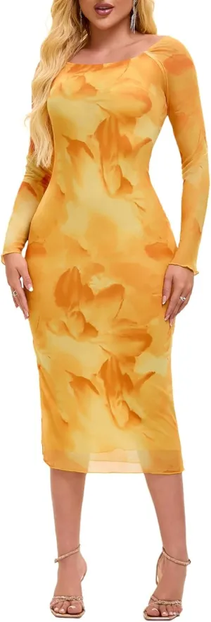 Women's Summer Long Sleeve Mesh Sexy Bodycon Fitted Party Night Out A-Line Midi Dress