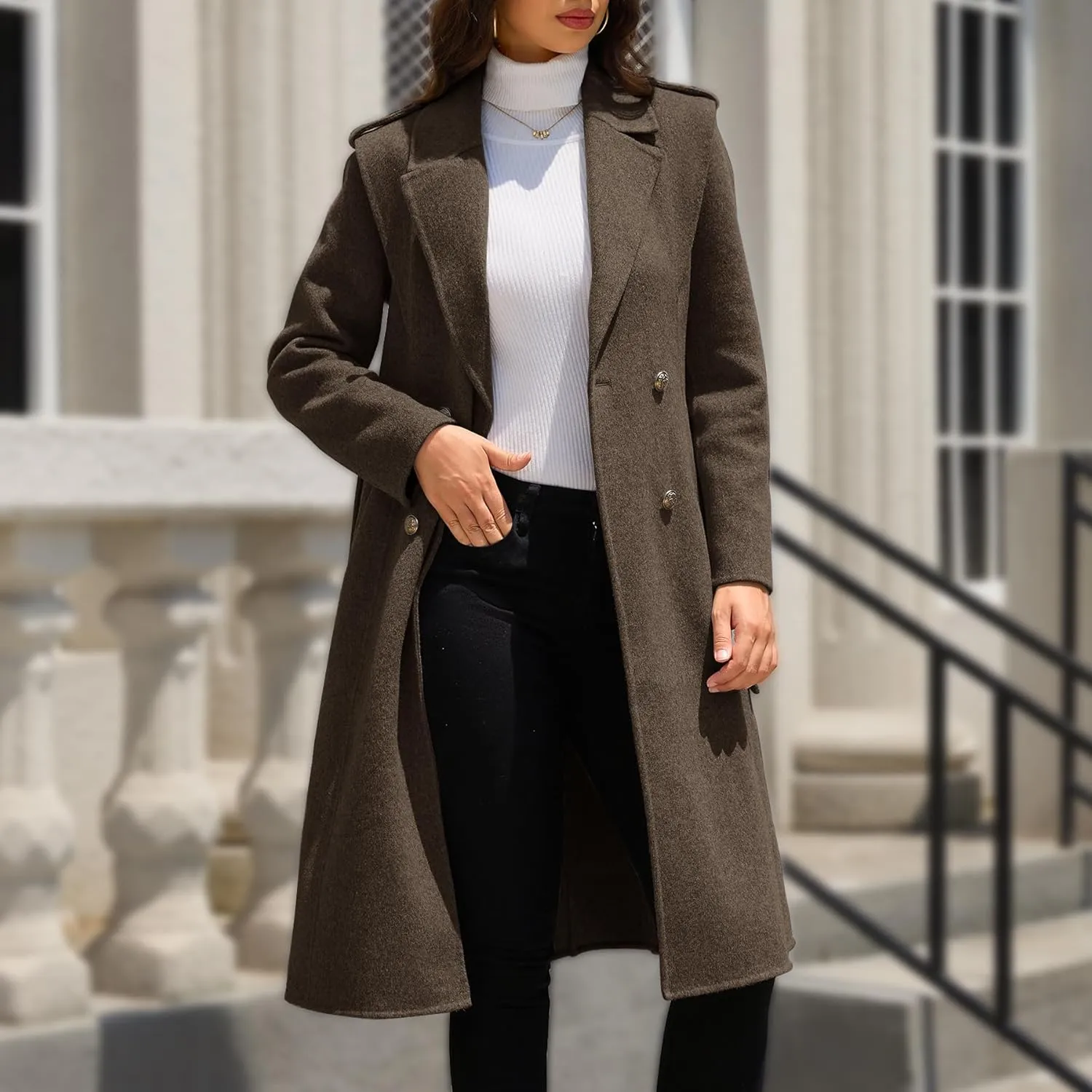Womens Winter Superior 70% Wool Coat, Notch Lapel Double Breasted Classy Long Wool Blend Wrap Coats with Belt