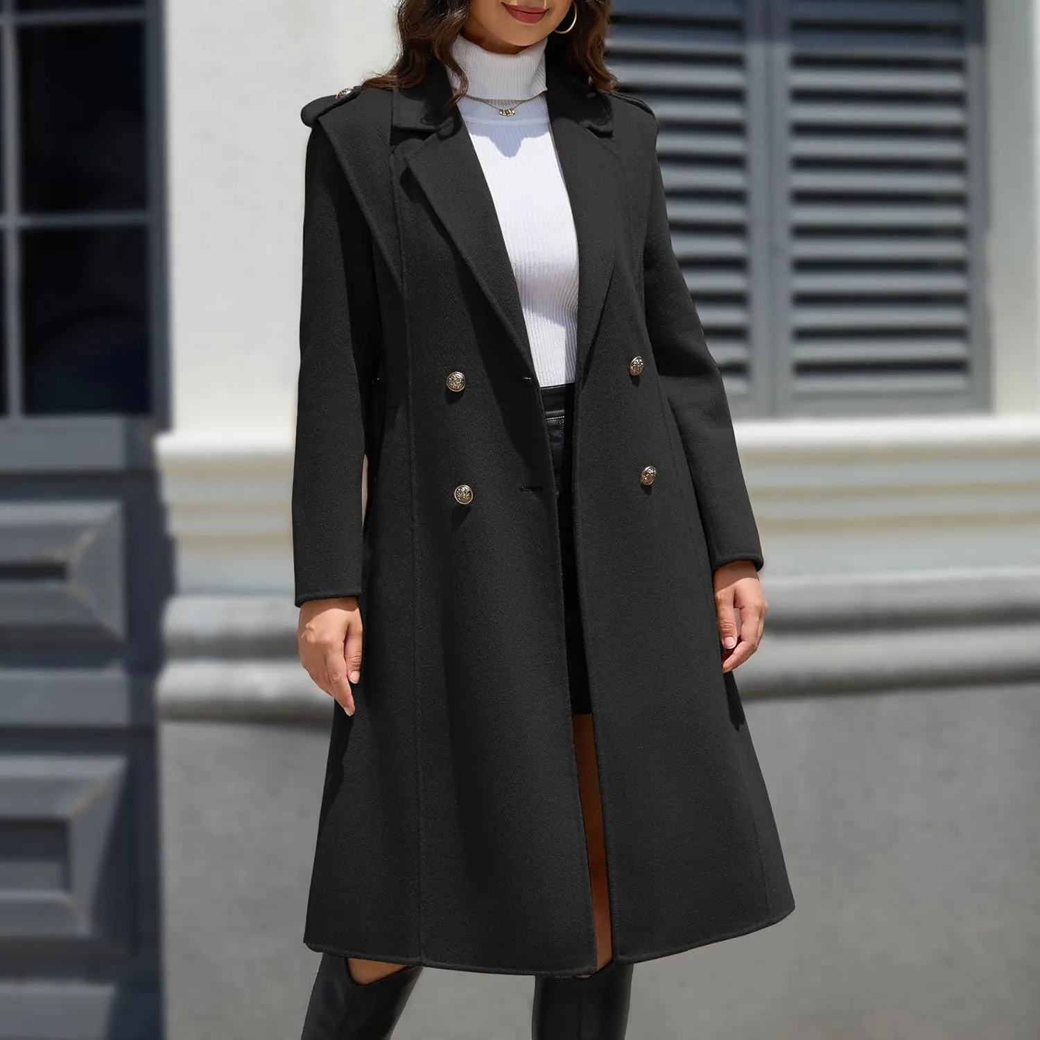 Womens Winter Superior 70% Wool Coat, Notch Lapel Double Breasted Classy Long Wool Blend Wrap Coats with Belt