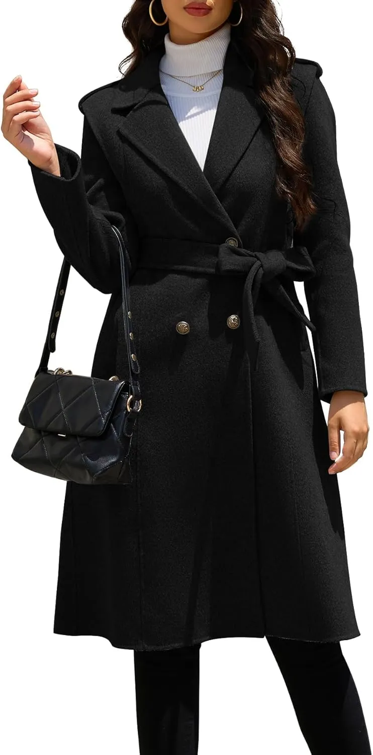Womens Winter Superior 70% Wool Coat, Notch Lapel Double Breasted Classy Long Wool Blend Wrap Coats with Belt