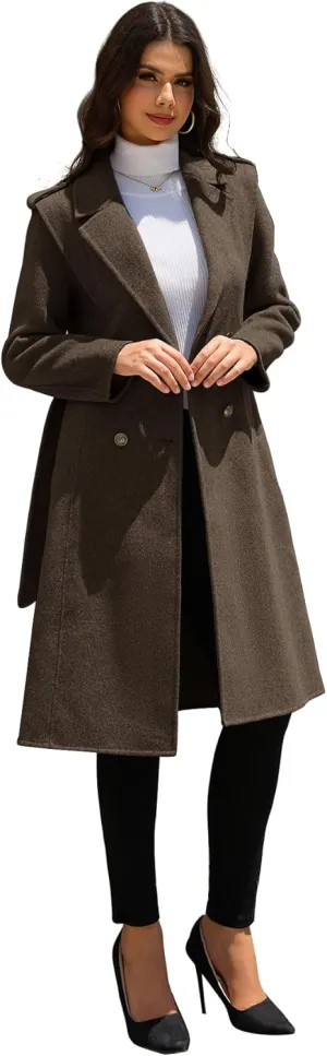 Womens Winter Superior 70% Wool Coat, Notch Lapel Double Breasted Classy Long Wool Blend Wrap Coats with Belt