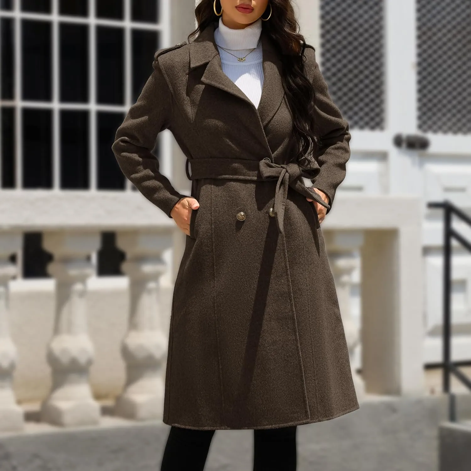 Womens Winter Superior 70% Wool Coat, Notch Lapel Double Breasted Classy Long Wool Blend Wrap Coats with Belt