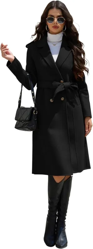 Womens Winter Superior 70% Wool Coat, Notch Lapel Double Breasted Classy Long Wool Blend Wrap Coats with Belt