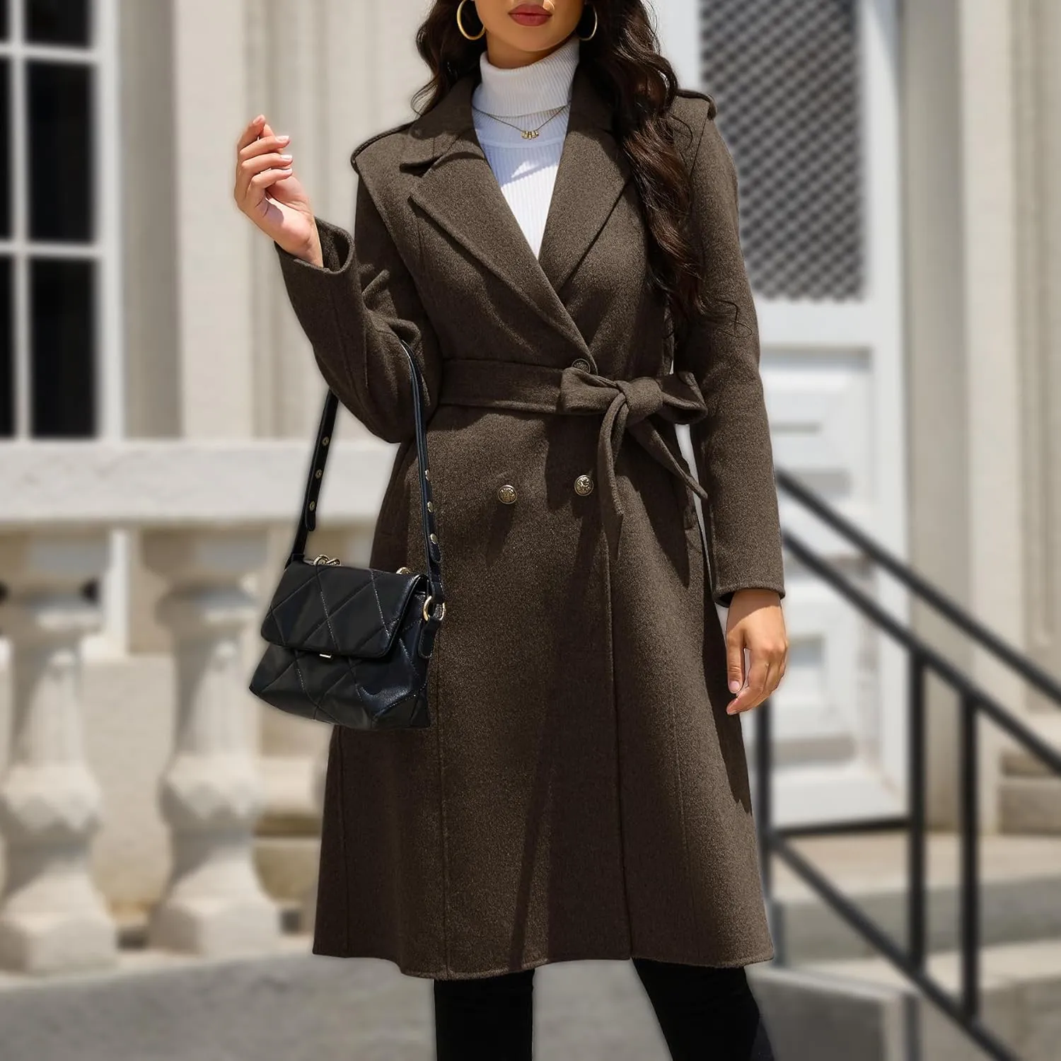 Womens Winter Superior 70% Wool Coat, Notch Lapel Double Breasted Classy Long Wool Blend Wrap Coats with Belt