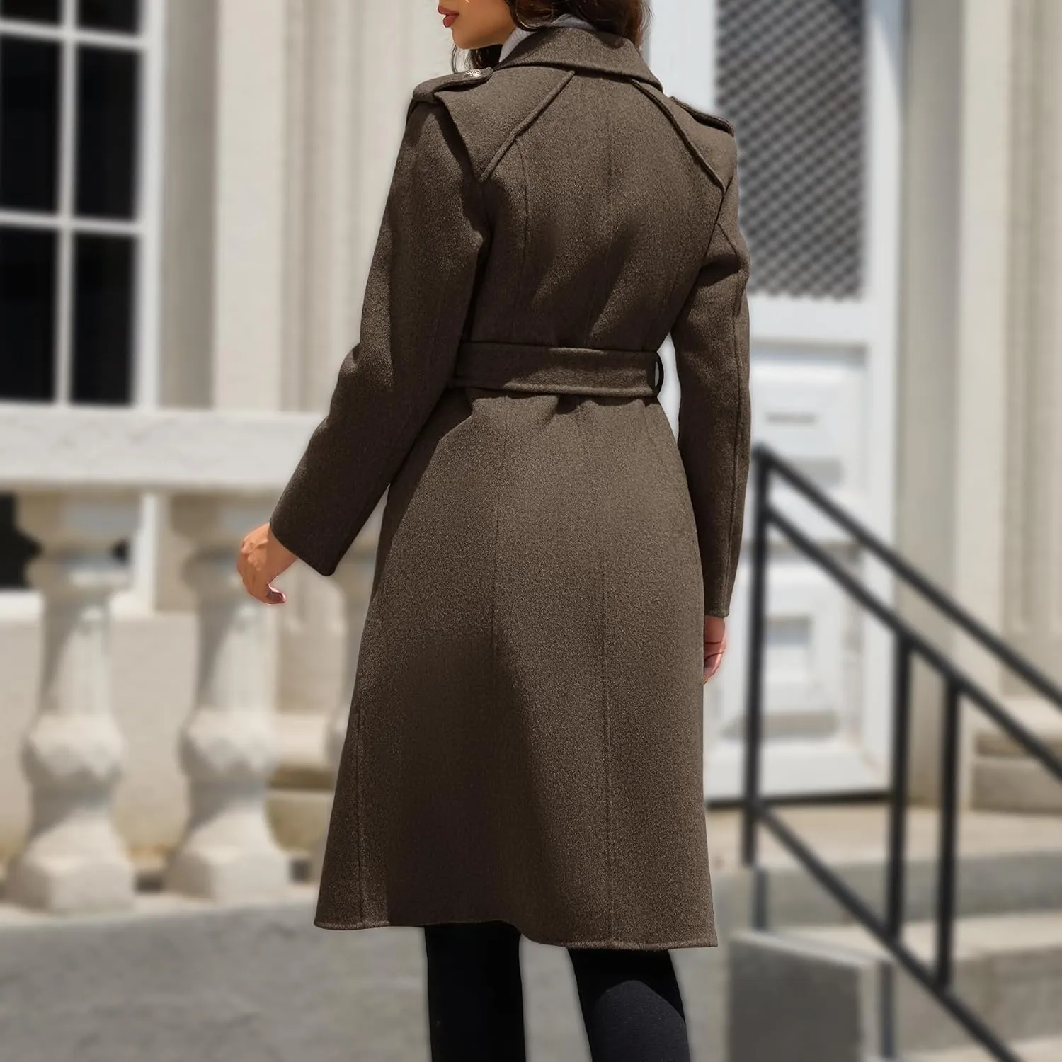 Womens Winter Superior 70% Wool Coat, Notch Lapel Double Breasted Classy Long Wool Blend Wrap Coats with Belt