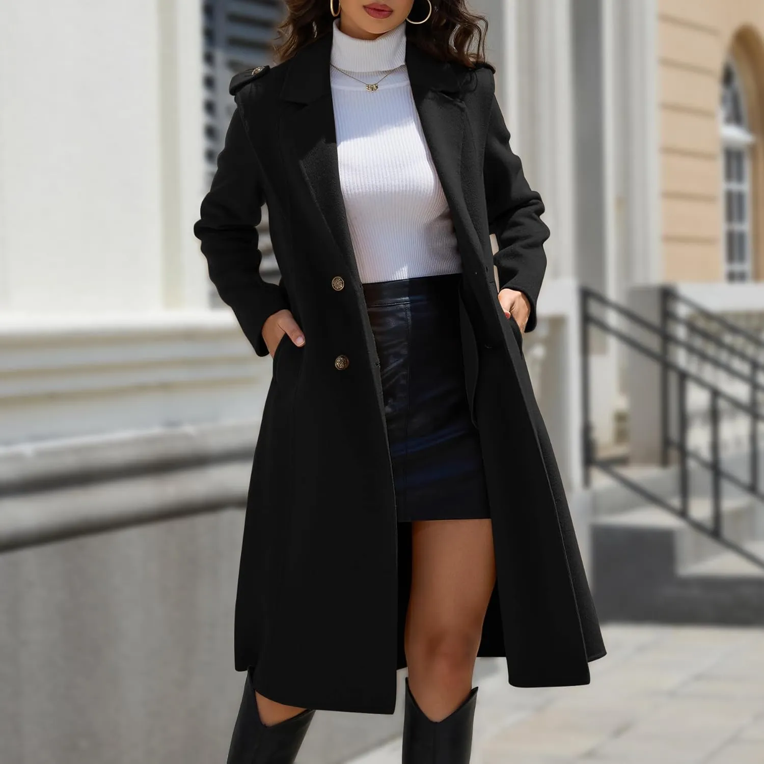 Womens Winter Superior 70% Wool Coat, Notch Lapel Double Breasted Classy Long Wool Blend Wrap Coats with Belt