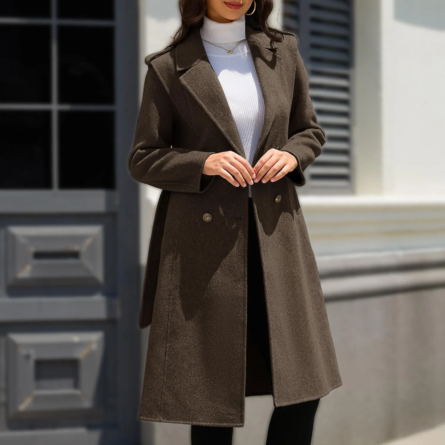 Womens Winter Superior 70% Wool Coat, Notch Lapel Double Breasted Classy Long Wool Blend Wrap Coats with Belt