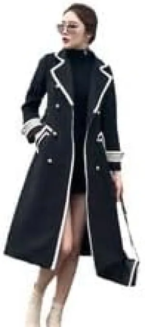 Women's Winter Wool Blend Long Coat, White with Black Trim, Double-Breasted
