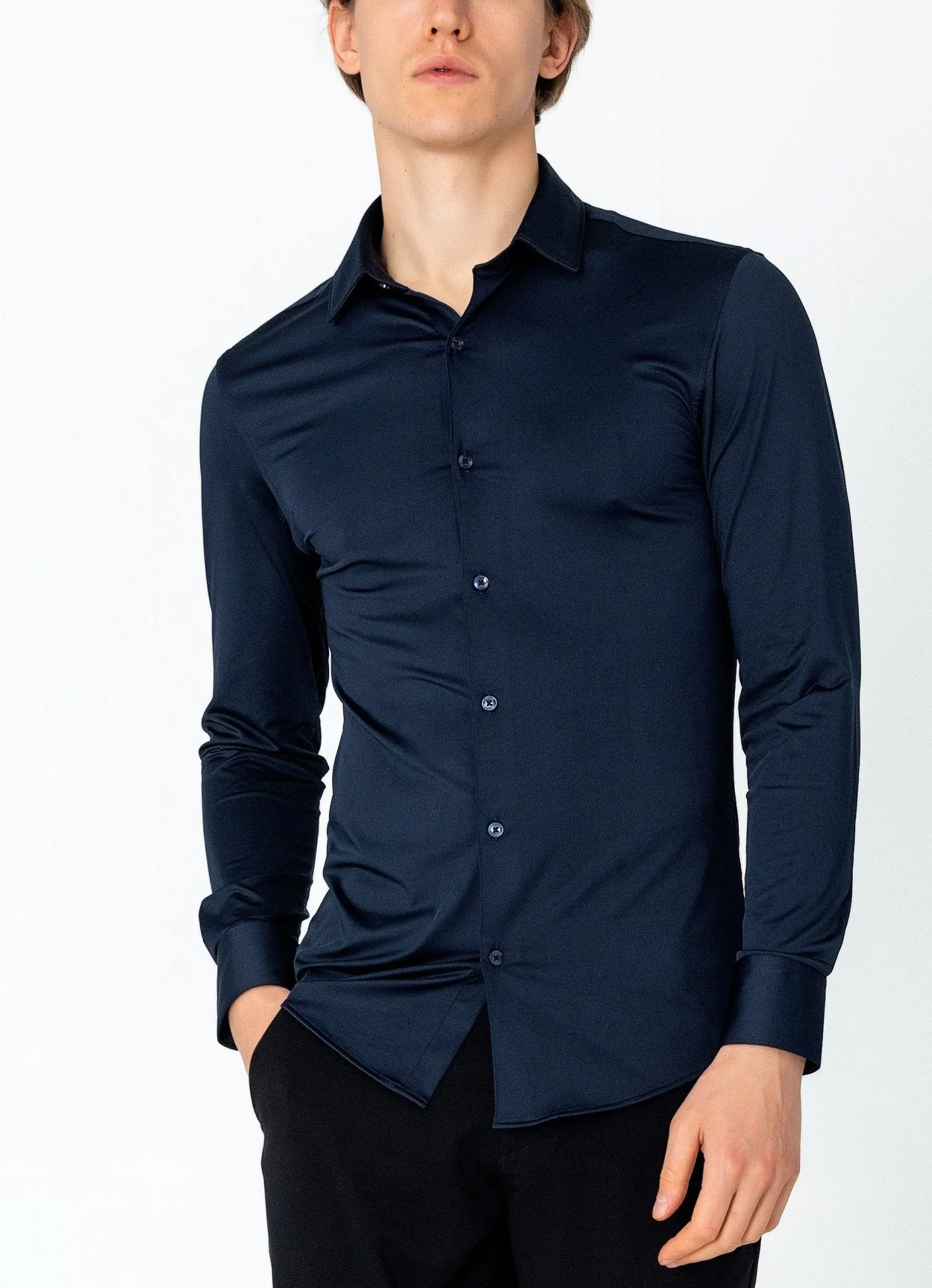 Wrinkle Free Tapered Travel Dress Shirt - Navy