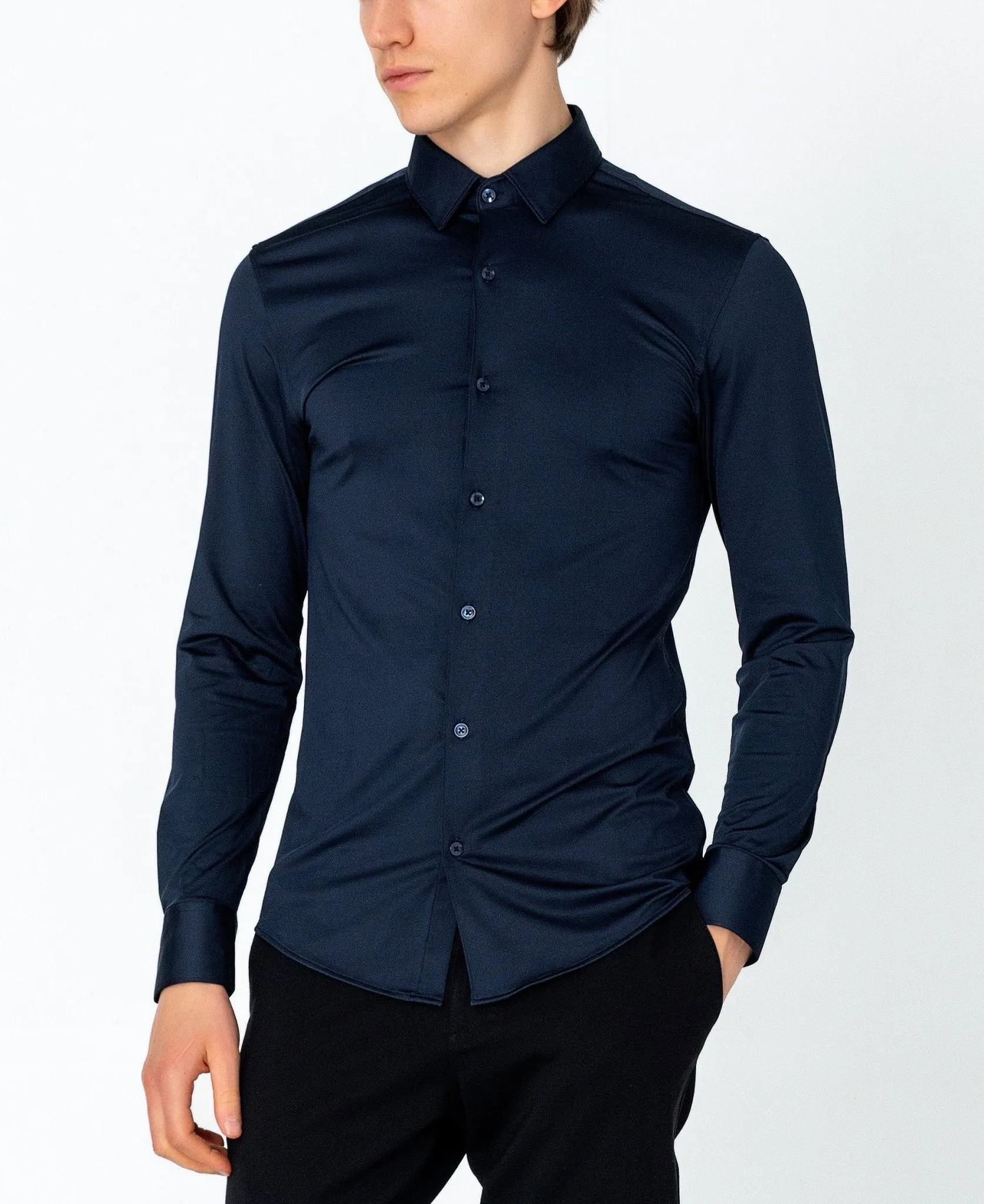 Wrinkle Free Tapered Travel Dress Shirt - Navy