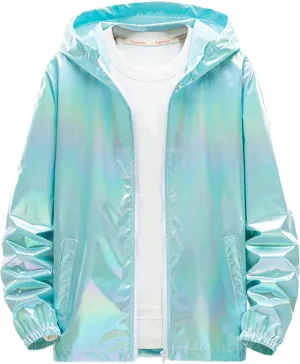 Xiaojmake Men's Metallic Jacket Holographic Lightweight Shiny Hooded Zip Up Jackets Thin Hoodie Coat Party Club Shiny Coat
