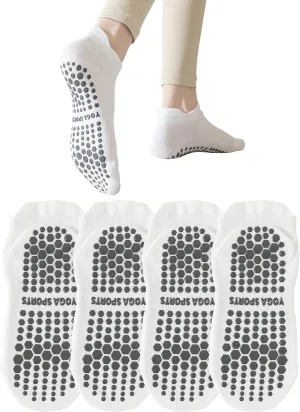 YFUNNLE Yoga Pilates Non Slip Ankle/Crew Socks with Grips for Women (4 Pairs) Non Skid Gripper Socks for Hospital Barre Home