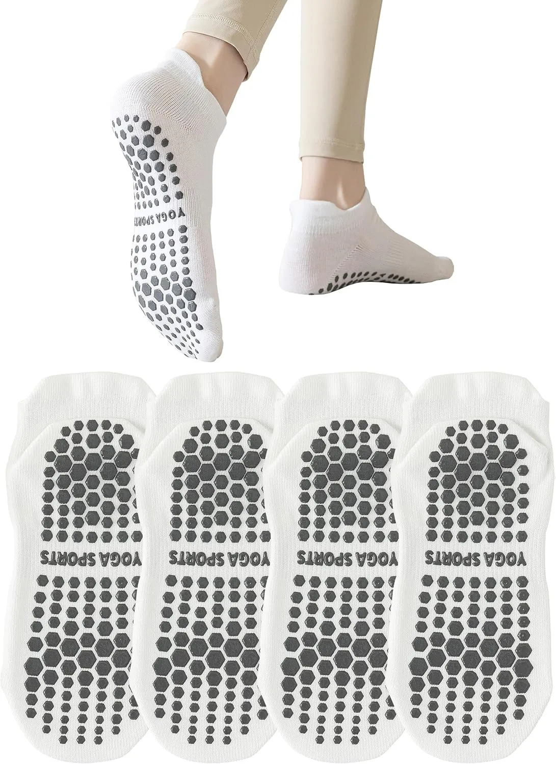 YFUNNLE Yoga Pilates Non Slip Ankle/Crew Socks with Grips for Women (4 Pairs) Non Skid Gripper Socks for Hospital Barre Home