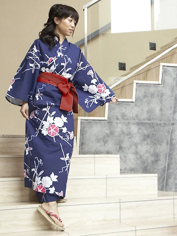 YUKATA with sash belt. made in Japan. Midori Yukata "Navy Blue Morning Glory / 紺朝顔"