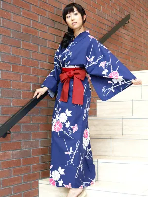 YUKATA with sash belt. made in Japan. Midori Yukata "Navy Blue Morning Glory / 紺朝顔"